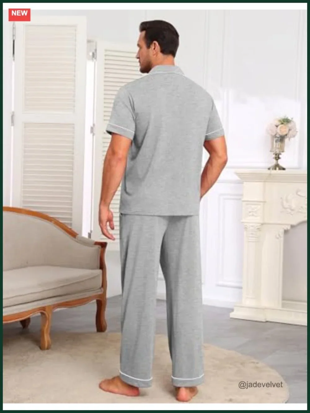 Men's Cotton Pajama Set Short Sleeve Button Down Top Long Pants Loungewear